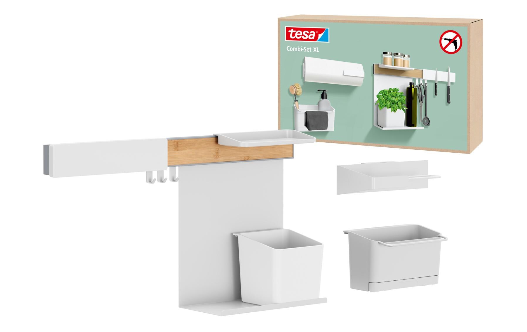 Kombi Set XL Bambus/Weiss<br>Kombi-Set XL – selbstklebende Leiste + Topf, Ablagen, Messer- & Rollenhalter, Haken