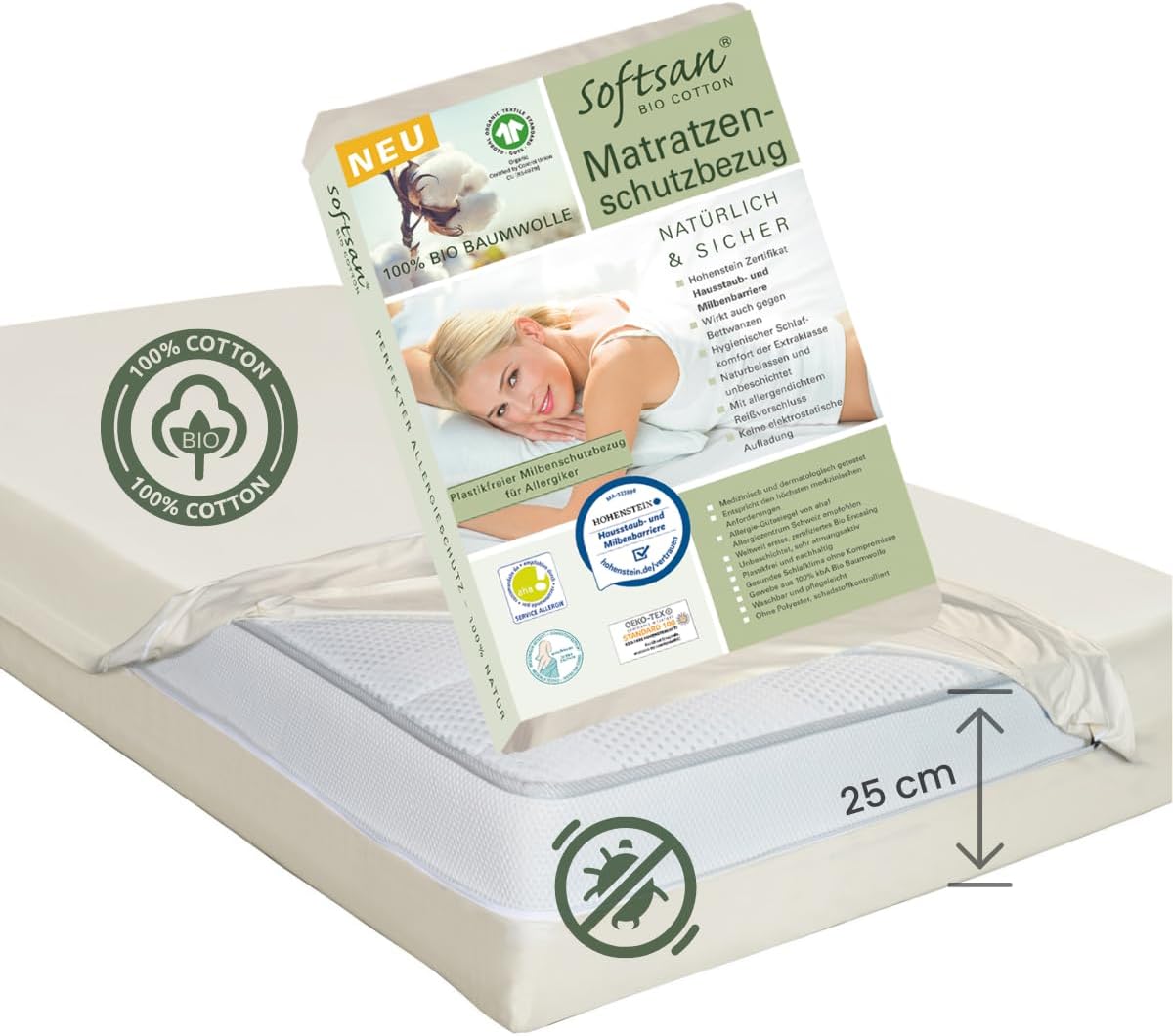 Softsan Encasing für Matratzen aus Bio Baumwolle | bis 25 cm Höhe | Schutzbezug für Allergiker| Anti Milben Schutzbezug | Weltneuheit | Viele Größen (140 x 200 x 25 cm)