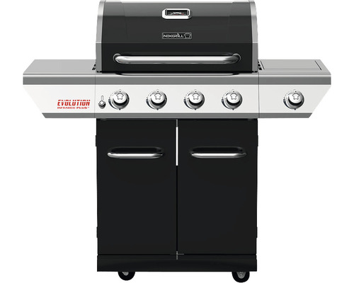 Nexgrill Evolution 4-pits gasbarbecue, zwart, inclusief zijtafel, warmhoudrek, dekselthermometer en gietijzeren grillrooster.