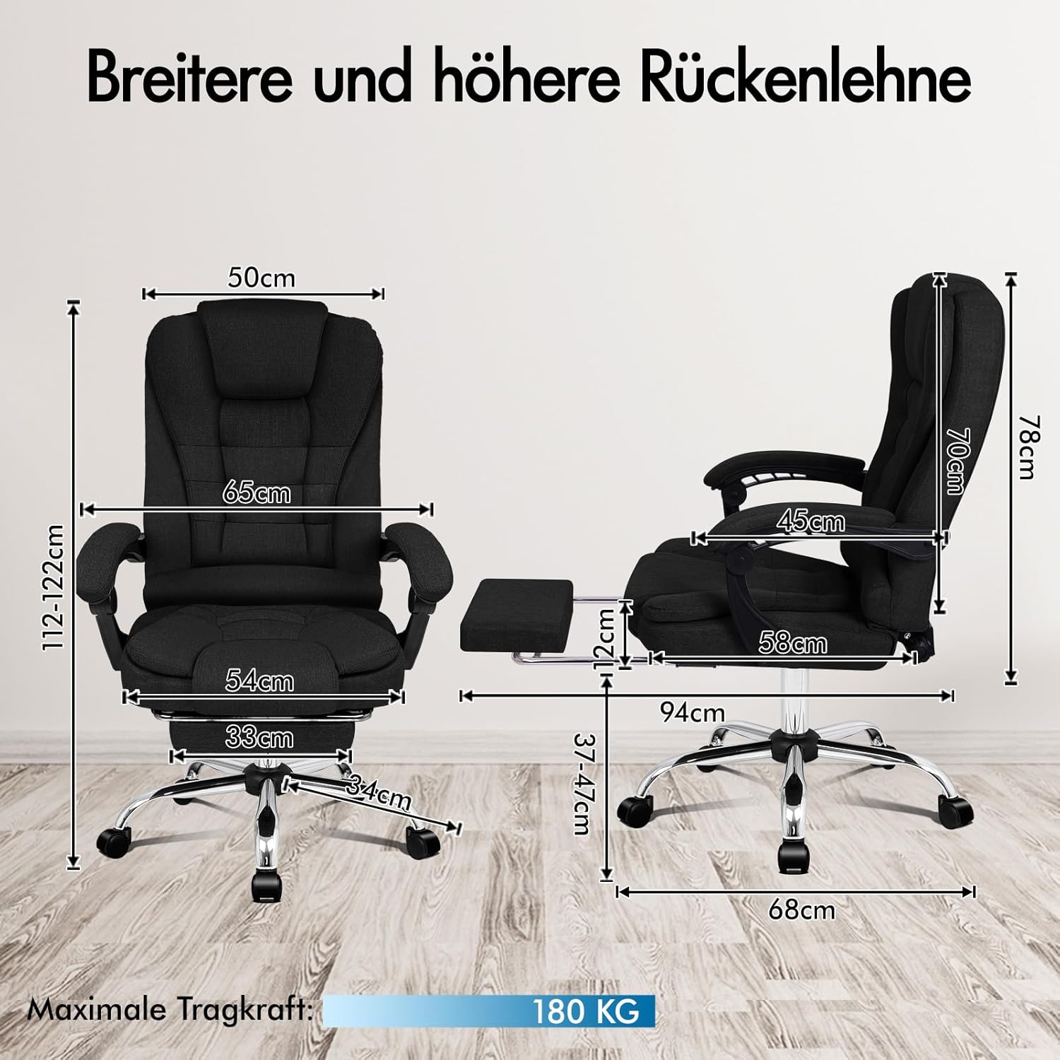 ALFORDSON Bürostuhl mit Massagefunktion, ergonomisches Design mit großer Sitzpolsterung, Lendenwirbelstütze, Rollen, für reibungslose Mobilität im Büro, Schwarz, Leinen Fabric