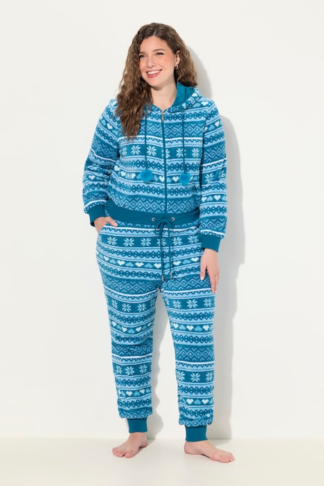 Homewear-Overall, Plüsch, Norweger, Kapuze, Langarm
