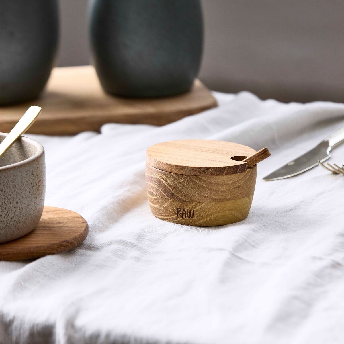 RAW saltskål med lokk og skje, teak