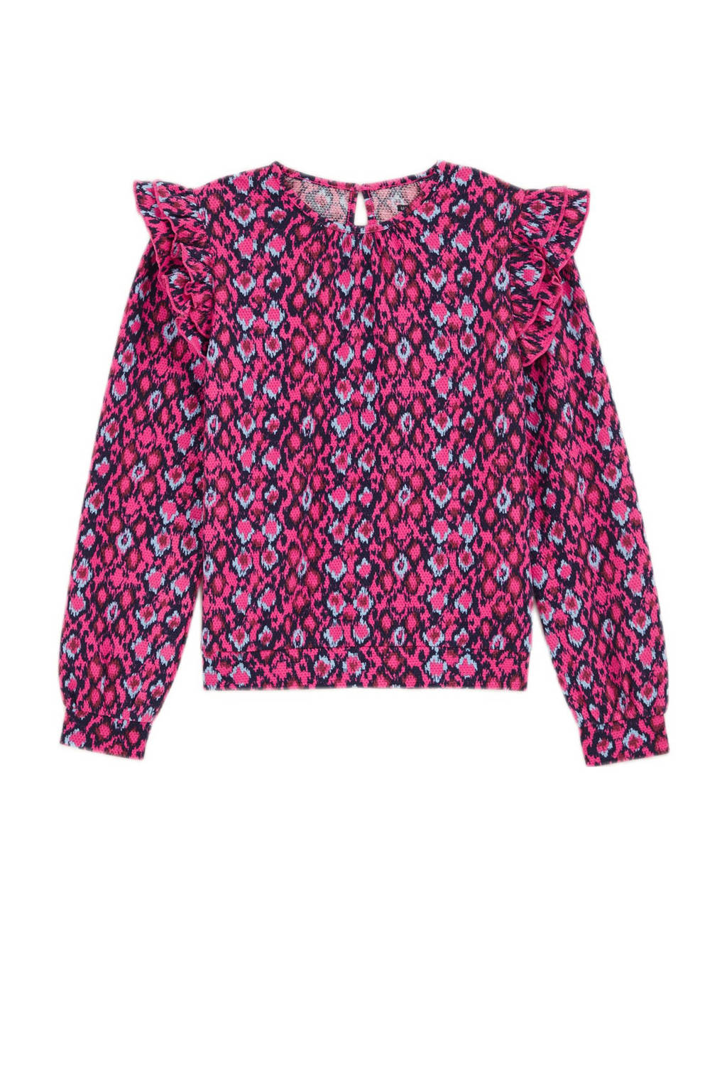 WE Fashion longsleeve met all over print en ruches roze/donkerblauw/multicolor