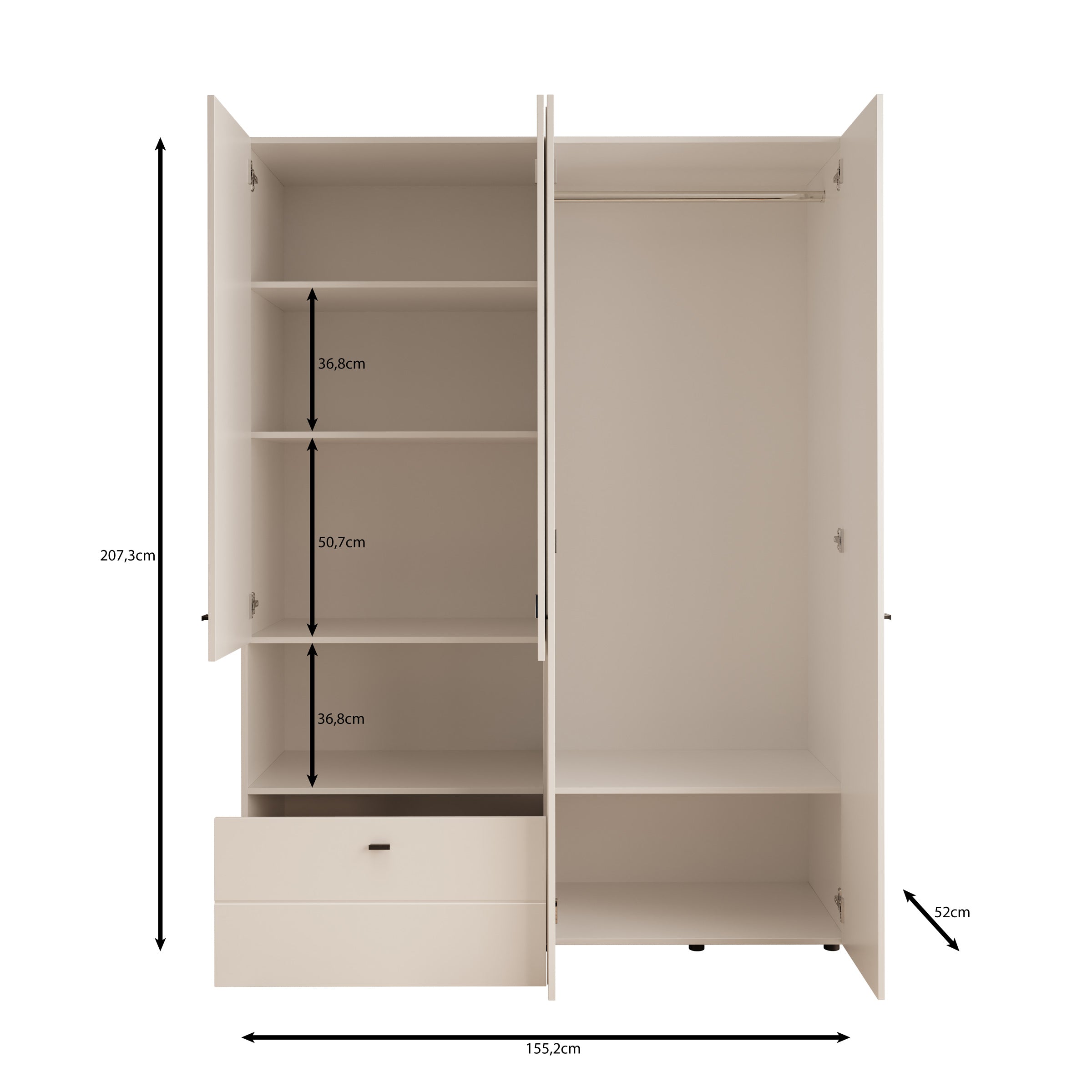 Calista - Kledingkast met 4 deuren - Wit - 155x52x208 cm