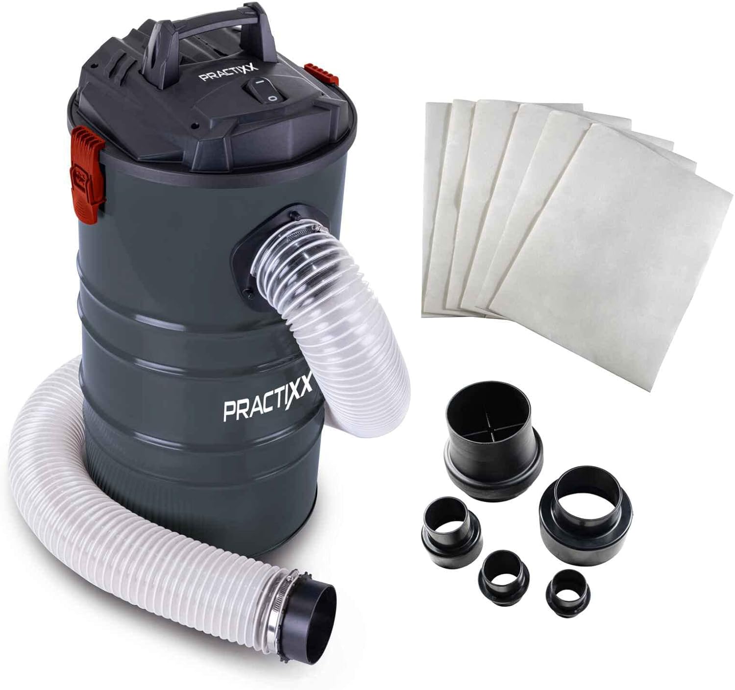 Practixx Absauganlage PX-AS-100 Werkstattsauger | Leistung 1200W | Luftleistung 215 m³/h | 65L Füllmenge Metallbehälter | 2m Schlauch Ø100mm | inkl. Filterpatrone, 4 TLG. Adapterset & 6 Papierfilter