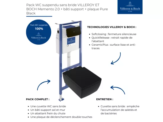 Pack WC suspendu sans bride VILLEROY ET BOCH Memento 2.0 + bâti support + plaque Pure Black