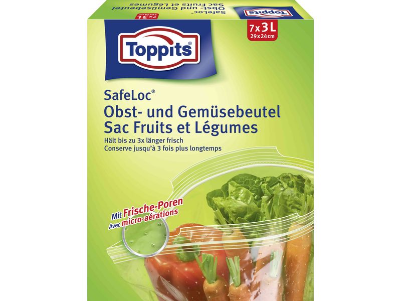 Toppits Obst- und Gemüsebeutel 25 cm x 27 cm, 7 Stück Frischhaltebeutel für Obst, Gemüse und Kräuter