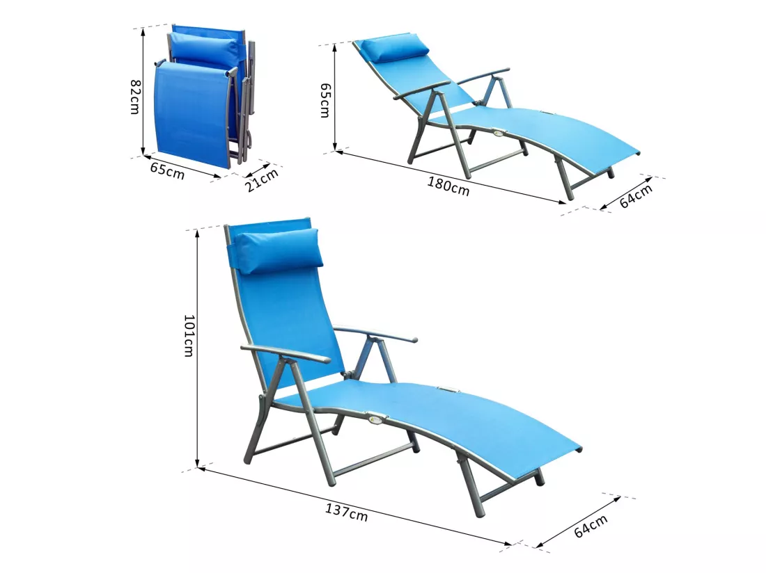 Outsunny transat chaise longue bain de soleil pliable dossier inclinable multi-positions têtière fournie 137L x 64l x 101H cm métal époxy textilène bleu