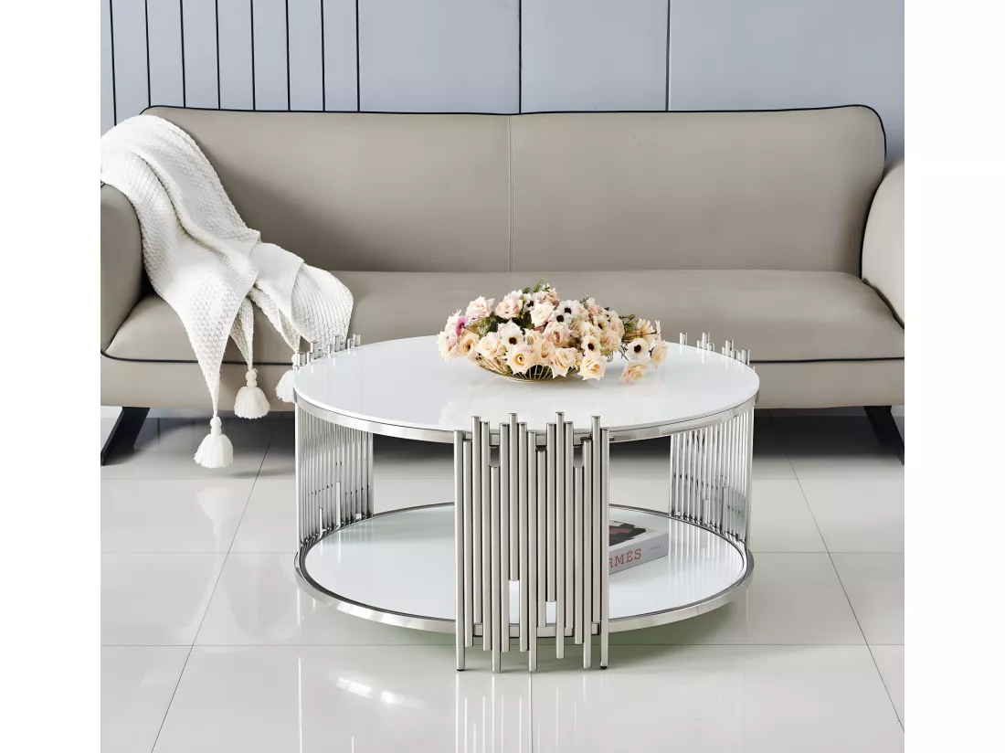 Table basse ronde stick chrome verre blanc d90 h45 cm