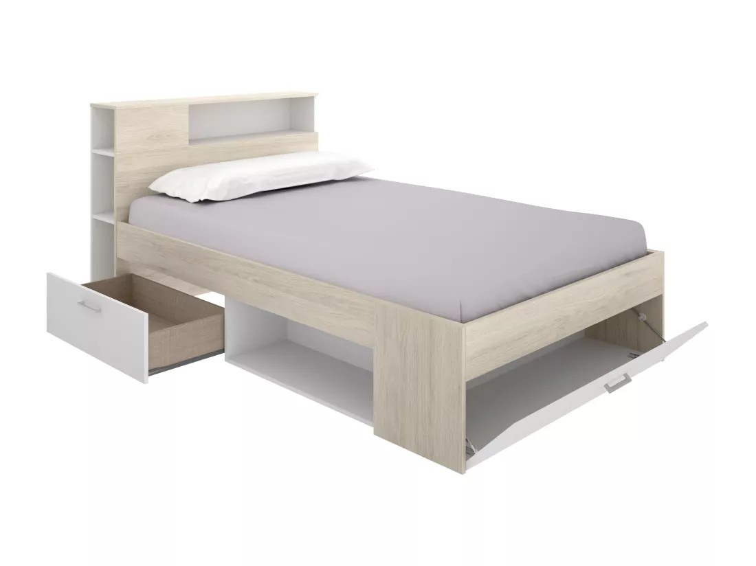 Lit avec tête de lit rangements et tiroir - 120 x 190 cm - Coloris : Naturel et blanc - LEANDRE