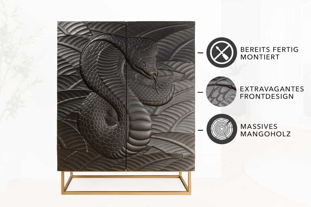 Massives Highboard SNAKE 120cm schwarz gold Mangoholz Schlangen-Design mit aufwendigen 3D Schnitzereien