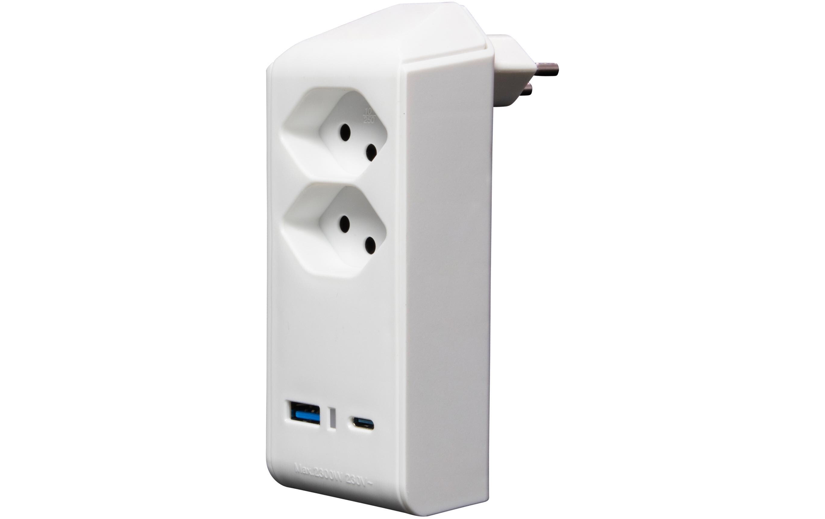 Abzweigstecker 2 x T13, 1 x USB A, 1 x USB C, 300° drehbarStabiler, formschöner Mehrfachstecker ohne Schalter aus hochbruchfestem Kunststoff
