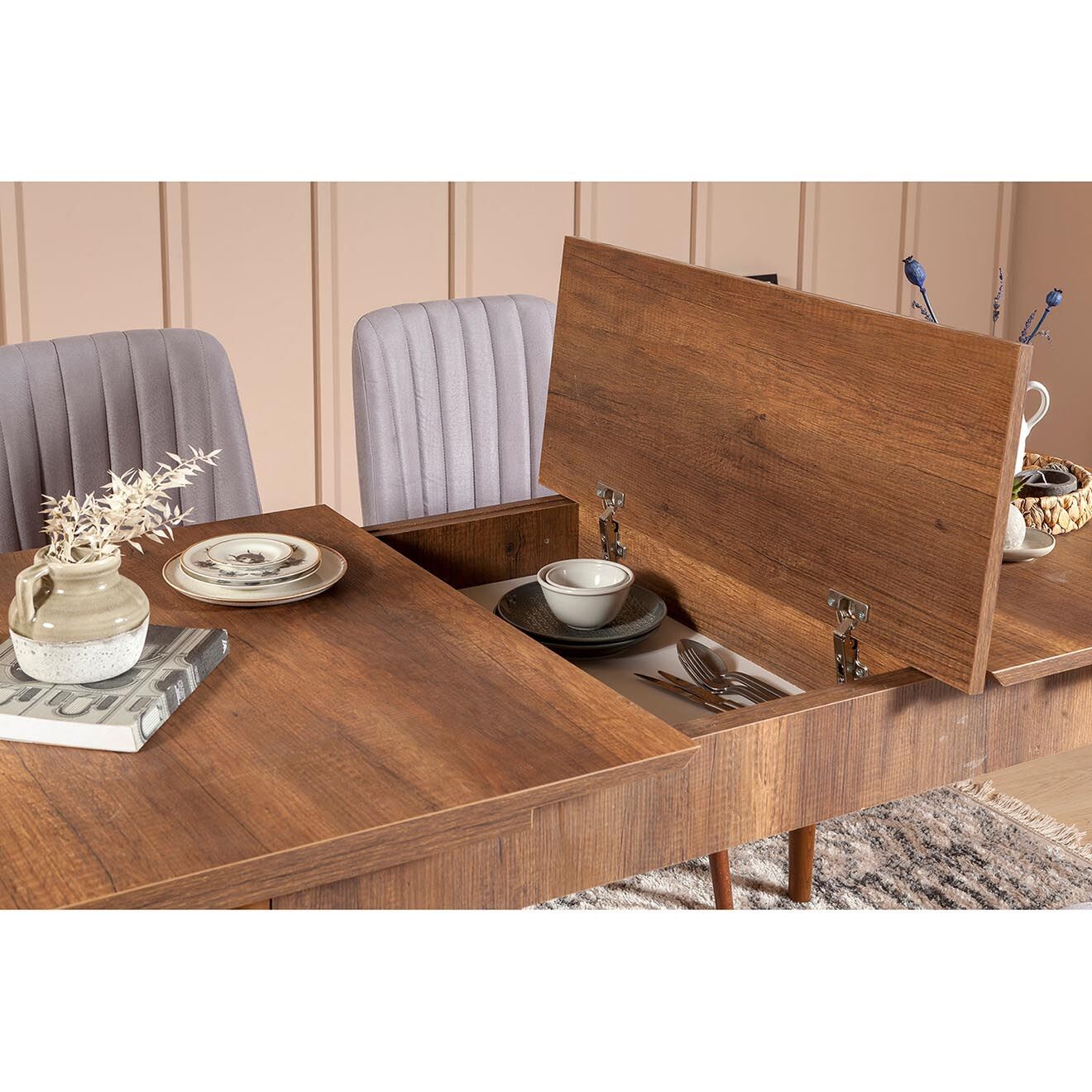 Wooden Art Ensemble Table + 2 Chaises + 1 Banc Vina beige/gris