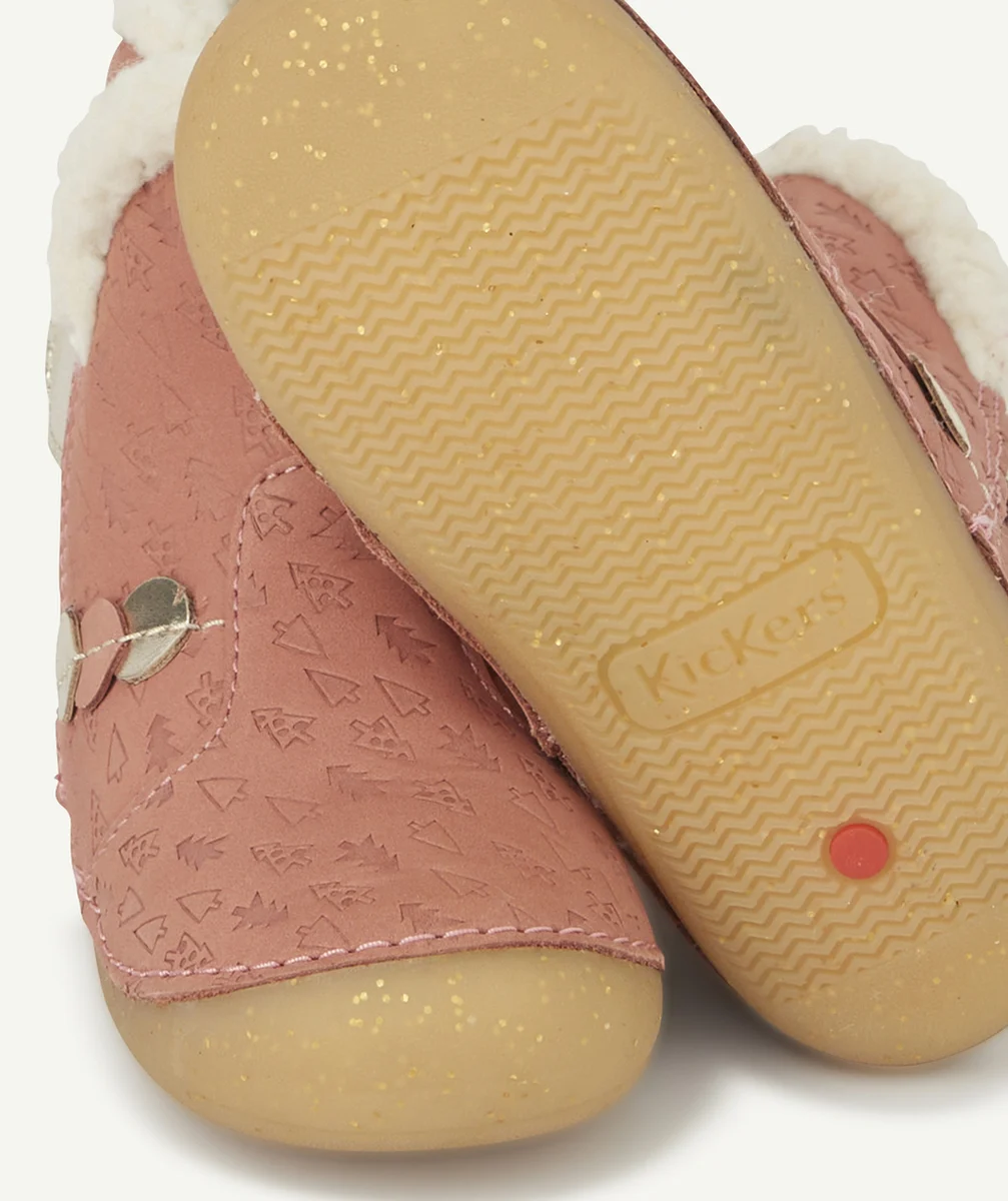 KICKERSBOTTINES BÉBÉ FILLE EN CUIR ROSE AVEC SAPINS ET SHERPA