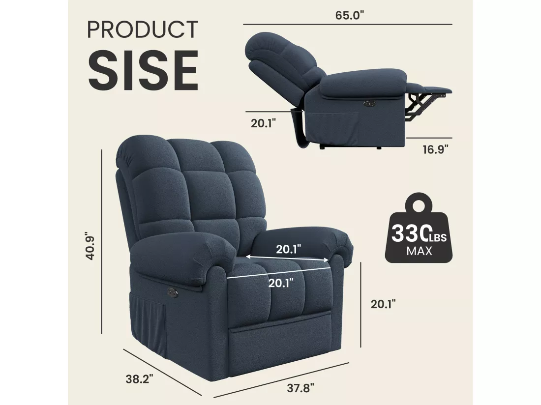 Fauteuil Relax électrique avec Repose-Pieds,Chaise salon en Velours Teddy,Fauteuil à loisirs Réglable,USB,Anti-statique,Confort,96x97x104cm Bleu Gris