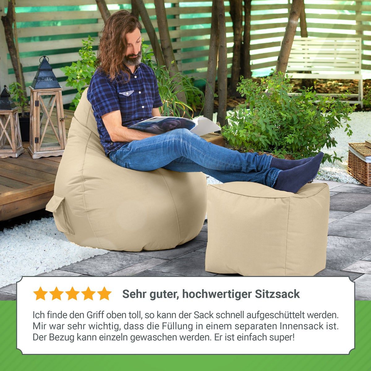Green Bean Zitzak met rugleuning 80x70x90cm - Gaming stoel met 230L vulling, comfortabel, zacht, wasbaar - Zitzak vloerkussen, loungestoel, voetenbank, relaxstoel, gamerstoel, beige