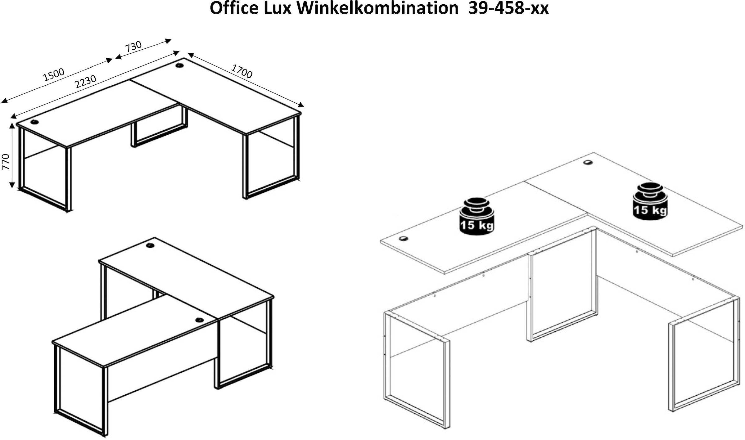 BEGA OFFICE Eckschreibtisch »Office Lux« mit Kabeldurchlass, rechts/links montierbar, 223x170 cm