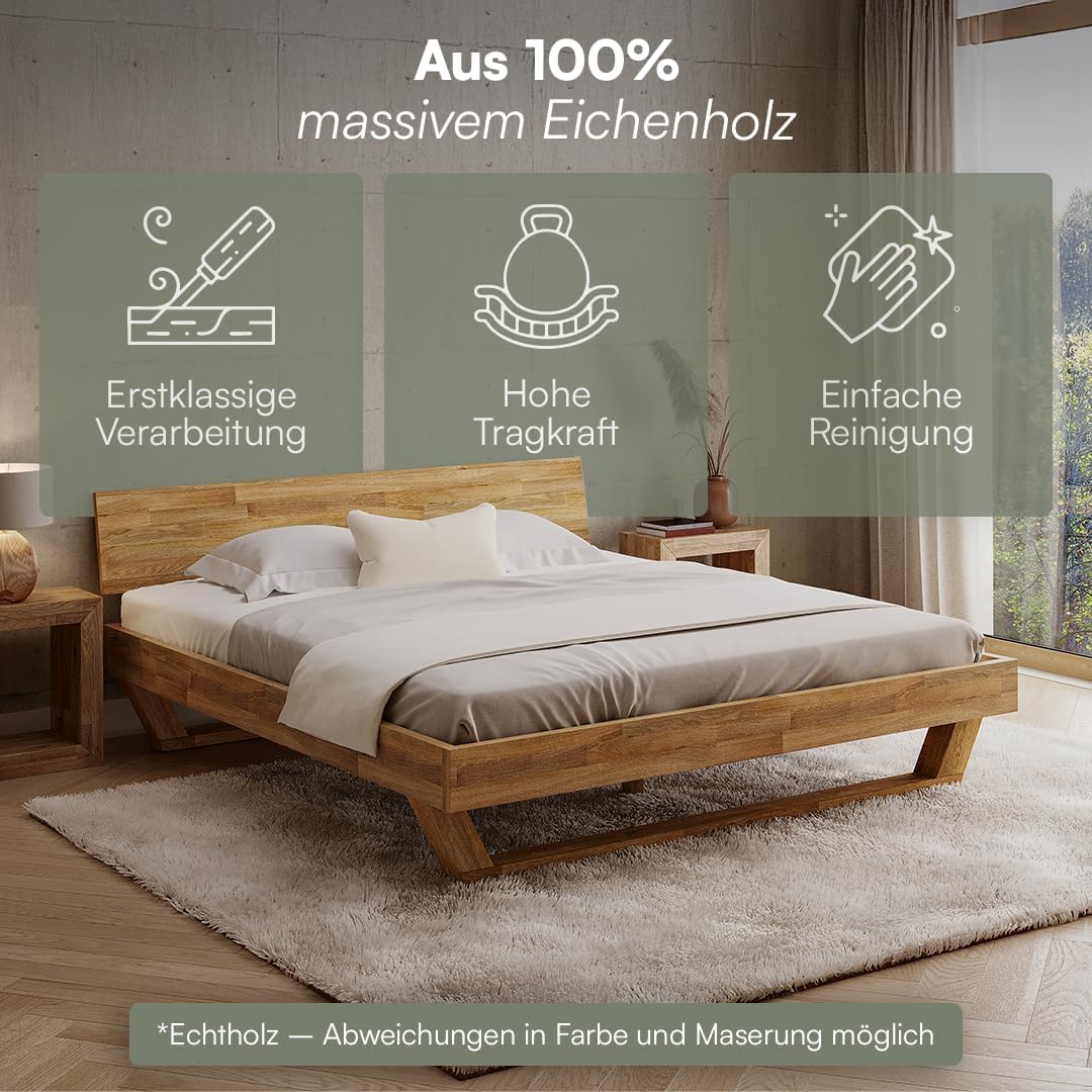skølm Nornir Massivholzbett 180x200 cm – Bettrahmen aus Massivholz Eiche geölt – hochwertiges Holzbett mit Kufen Bettbeinen – Bettgestell mit 1 Strebe als Bettkopf – geeignet als Doppelbett