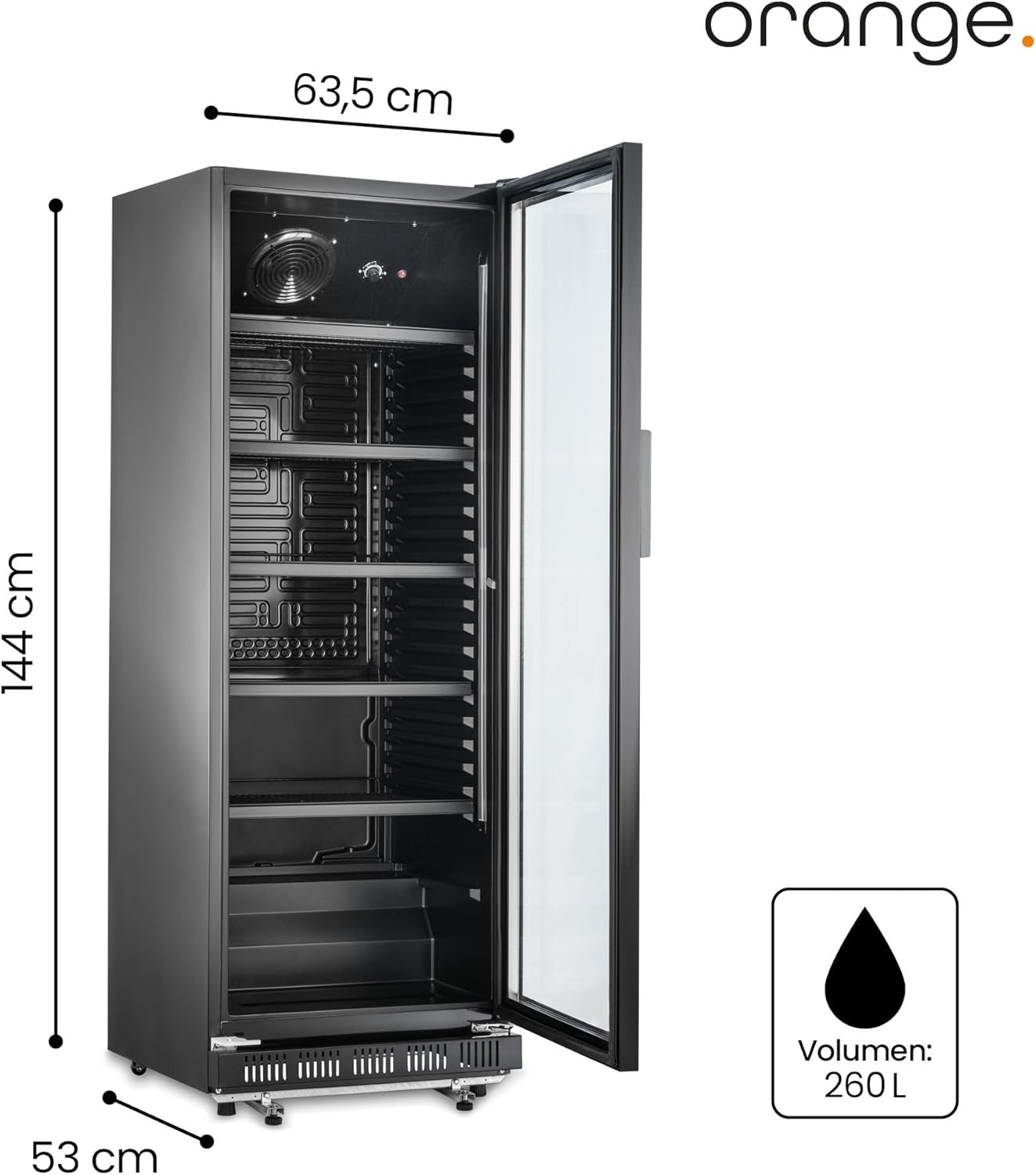 orange . Getränkekühlschrank 230L schwarz mit Glastür, abschließbar, LED-Beleuchtung, 4 Roste, 0-10°C, Gastro Flaschenkühlschrank 530x635x1442mm