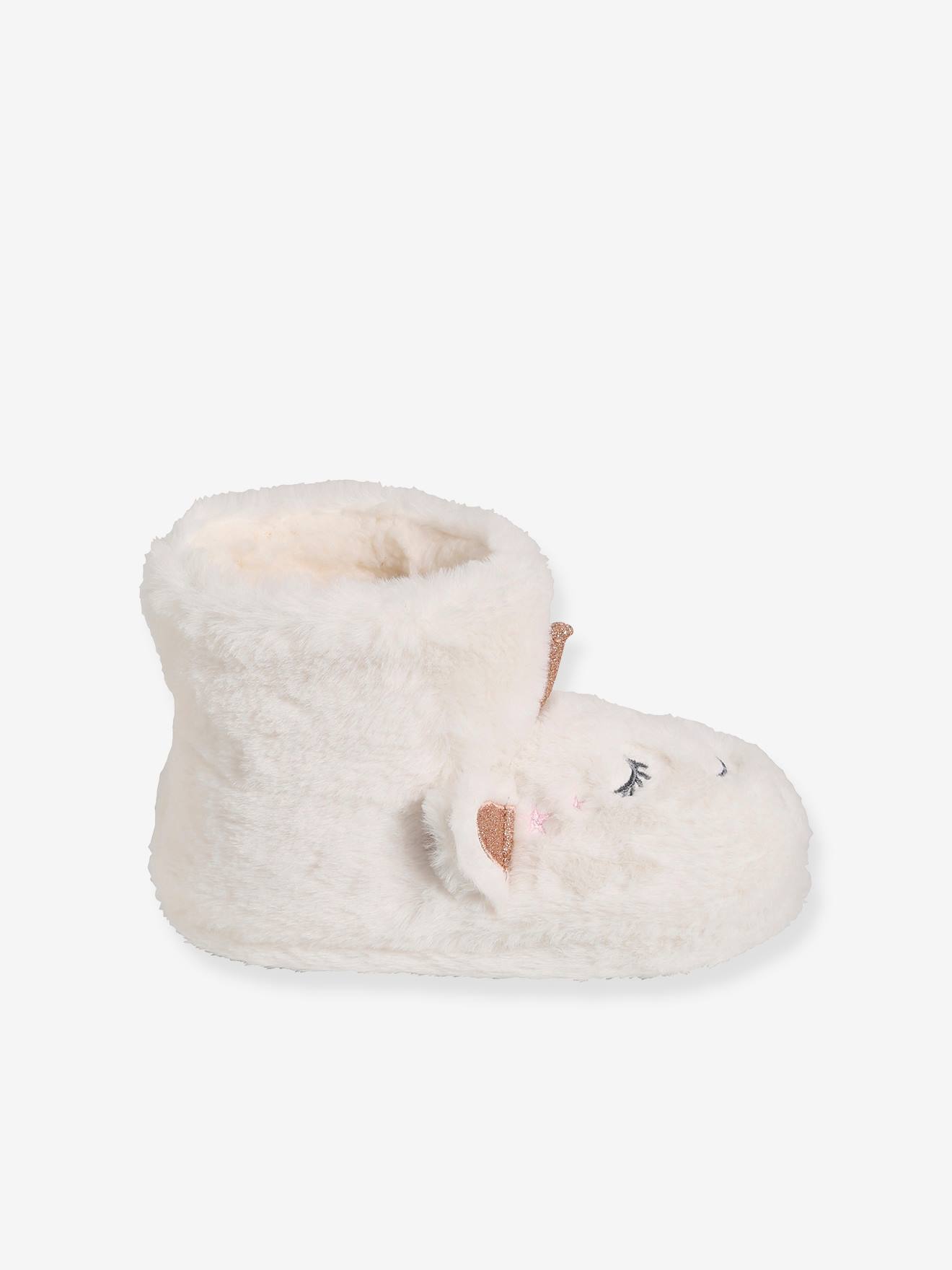 Pantufas de pelúcia de unicórnio para meninas, lisas, brancas com estampas.