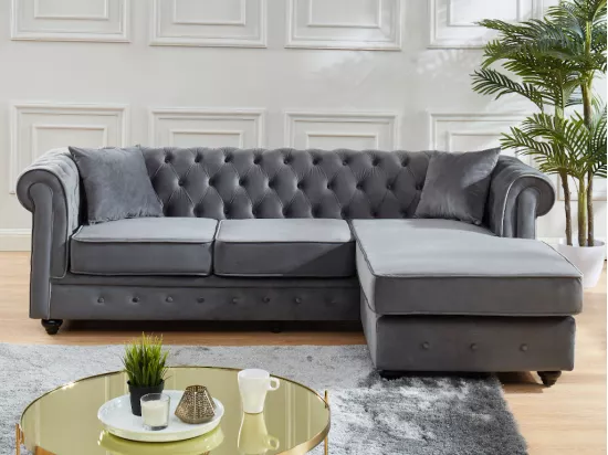 Canapé d'angle chesterfield réversible TOLEDO en velours - Anthracite