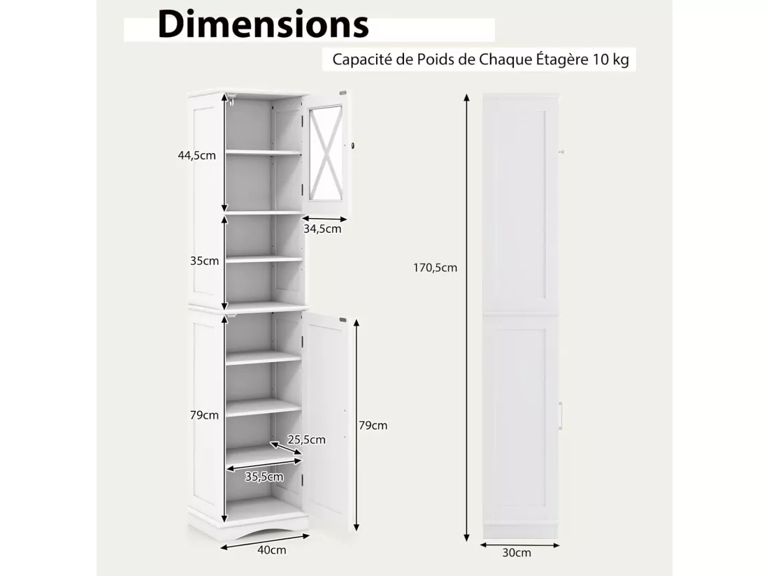 Armoire de Salle de Bain de 170 cm de Hauteur, Meuble de Rangement, Colonne, 5 Étagères Réglables, Placards à Porte, 2 Compartiments, Gain de Place, 30 x 40 x 170 cm, Blanc