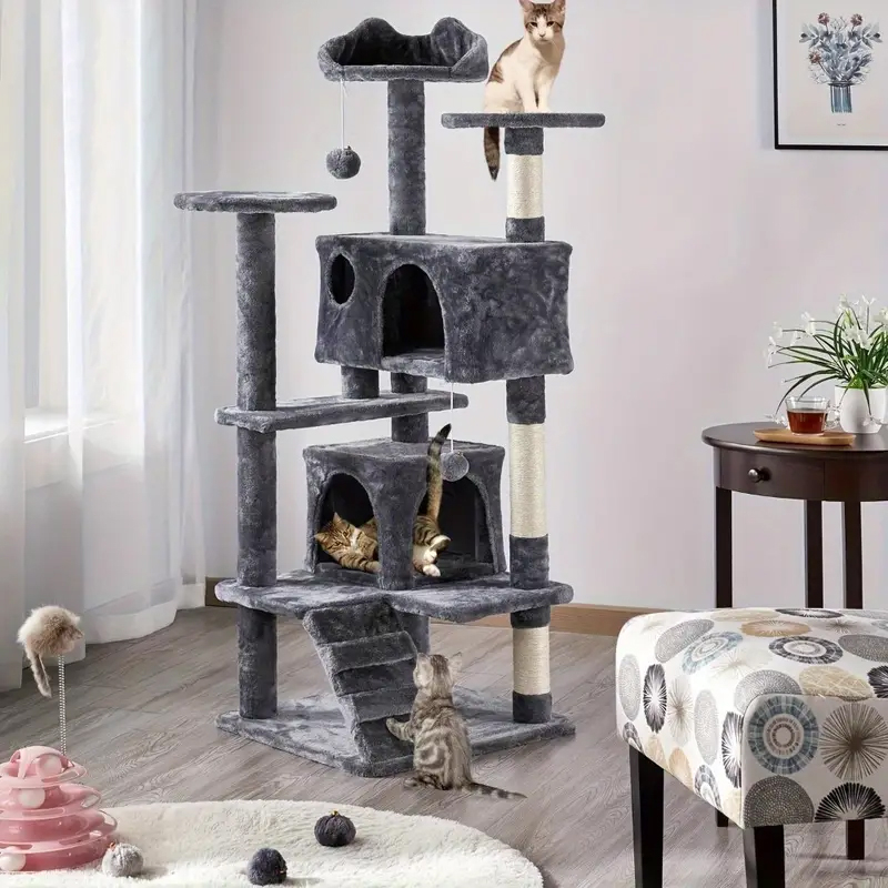 (136cm) Katzen Baum Sisal Kratzsäulen mit Häuschen / Treppe / Aussichts Plattformen / Spiel Bälle - Schwarz