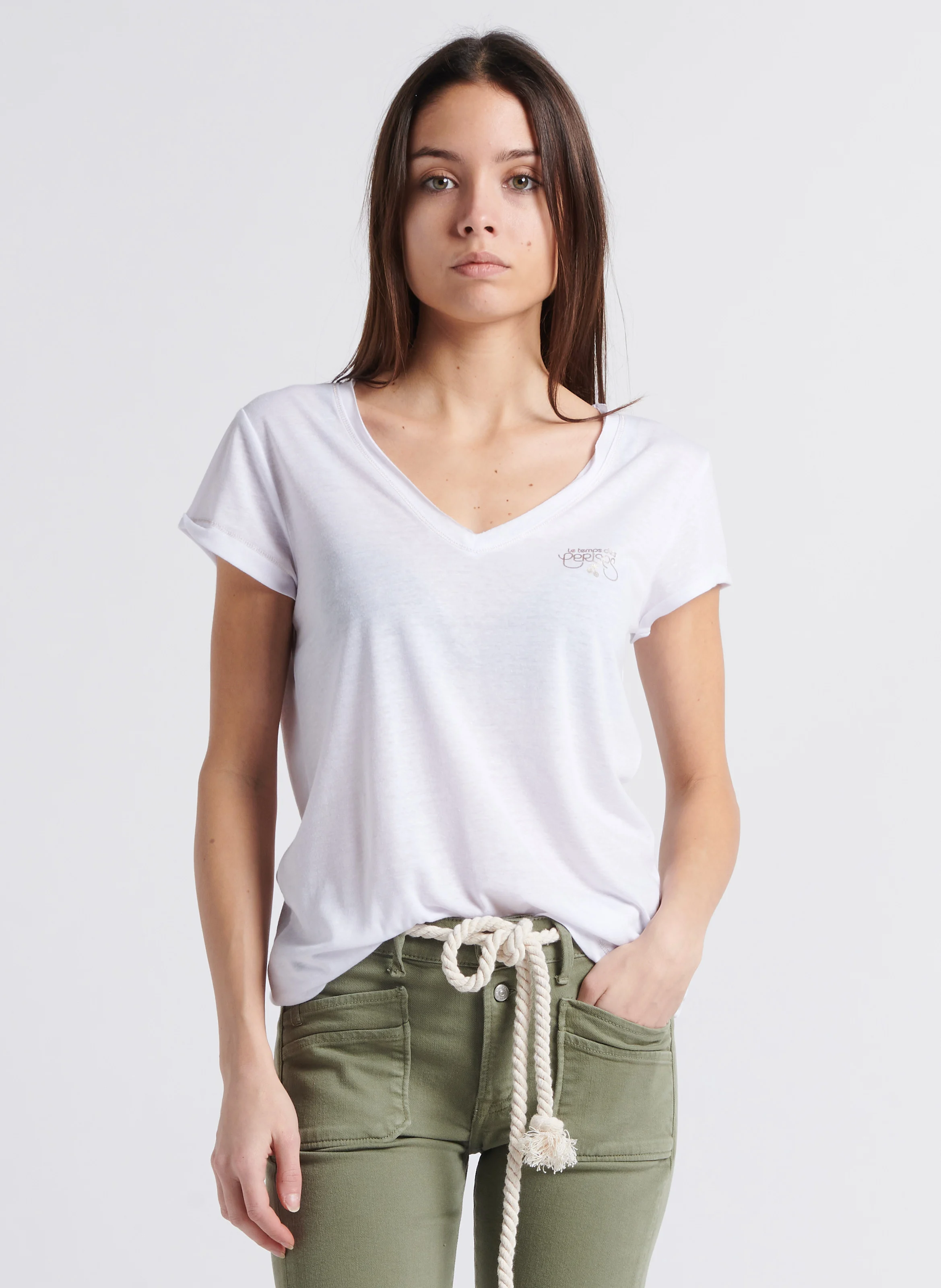 Tee-shirt droit col V sérigraphié en lin | Blanc