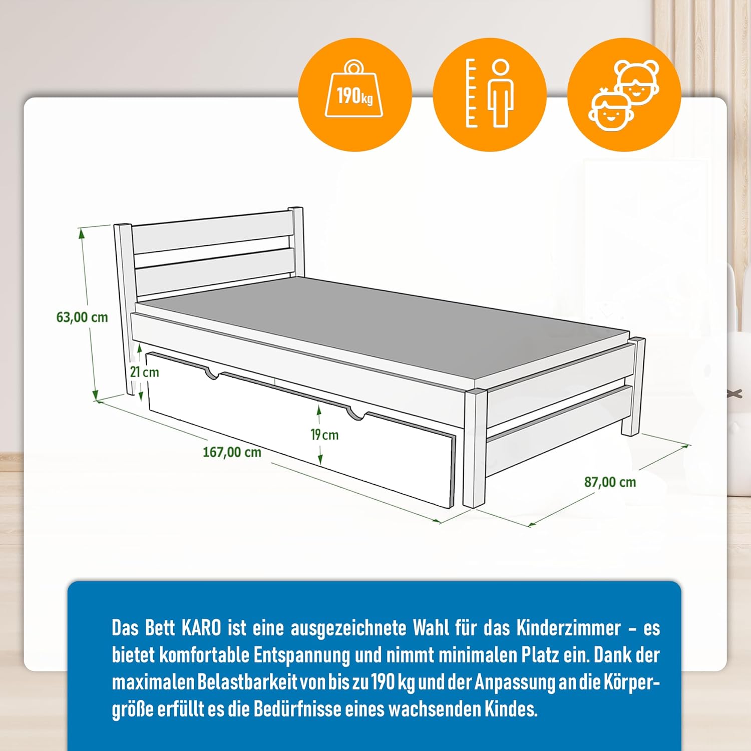 Kinderbett 80x160 cm mit Auszugbett und Lattenrost - Einzelbett aus Kiefer Massivholz - Kinder Bett Montessori – Jugendbett - ohne Matratze