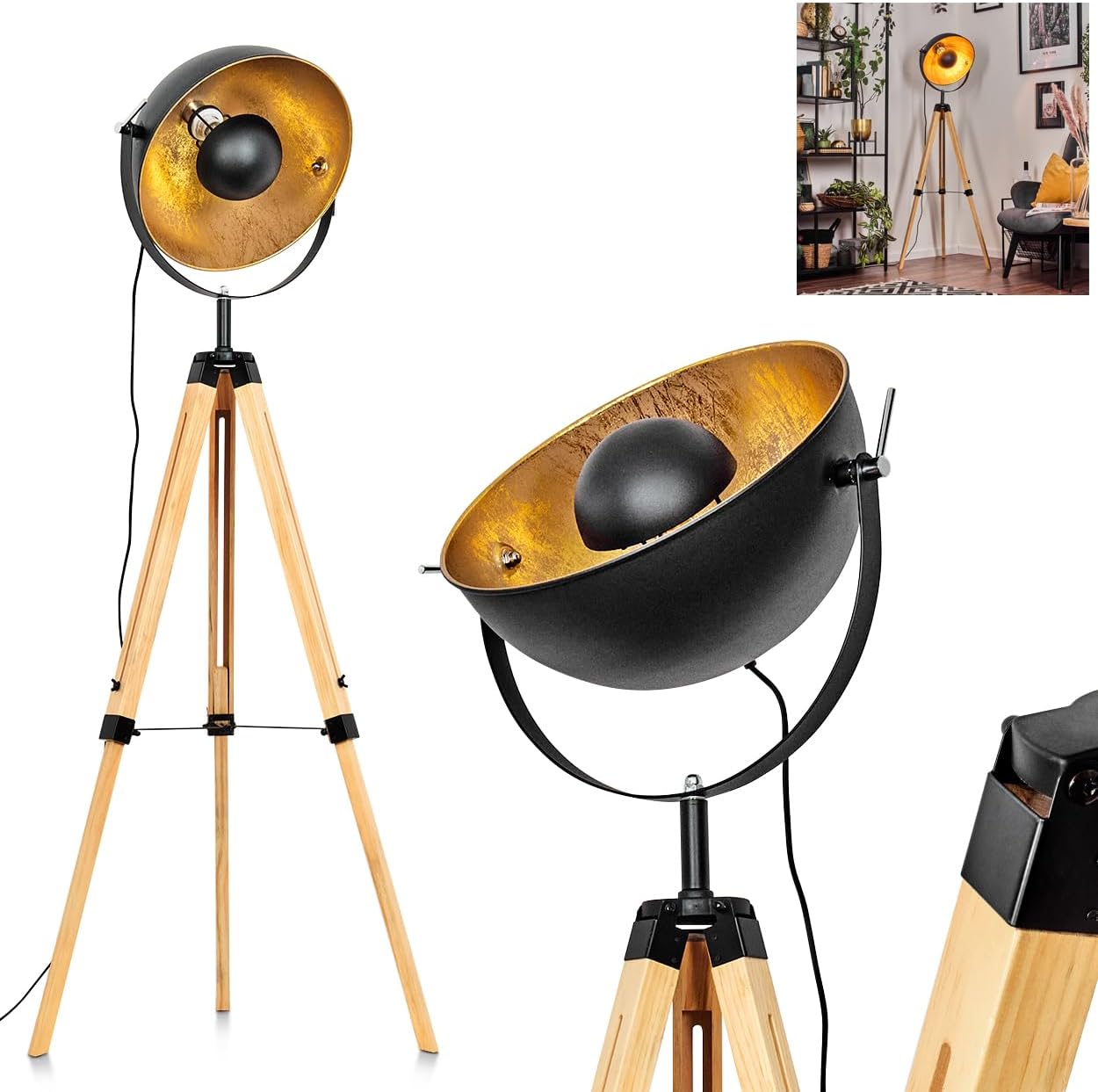 HOFSTEIN Stehleuchte Jupiter, Stehlampe aus Holz/Metall in Naturfarben/Schwarz/Goldfarben, Leuchte im Boho-Style, Höhe 167 cm, Ø 40 cm, Fußschalter - Wohnzimmer, Schlafzimmer, Esszimmer, Flur, Büro