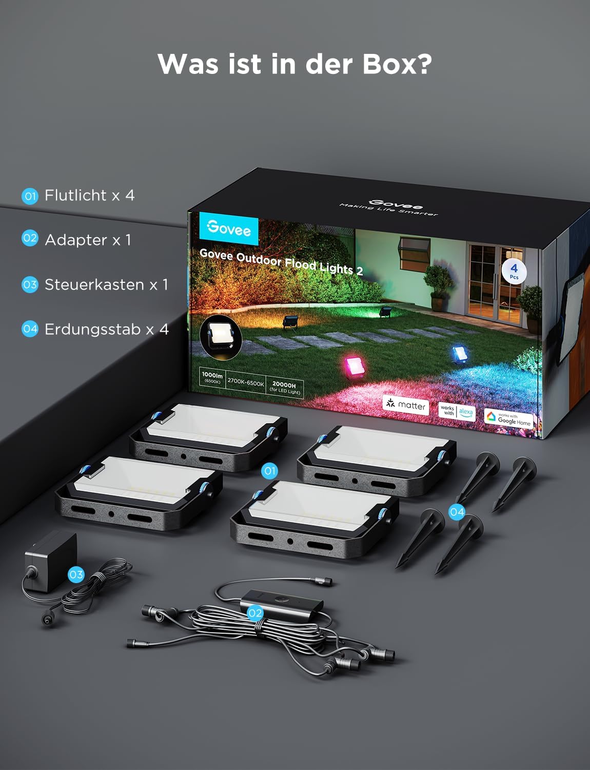 Govee Outdoor LED Strahler 48W, RGB Strahler Außen mit Kalt/Warmweißes Licht Bis zu 4000LM, Kompatibel mit Alexa, Matter, 50+ Szenen, IP66 Wasserdicht Flutlicht für Garten, Landschaft Deko, 4pcs