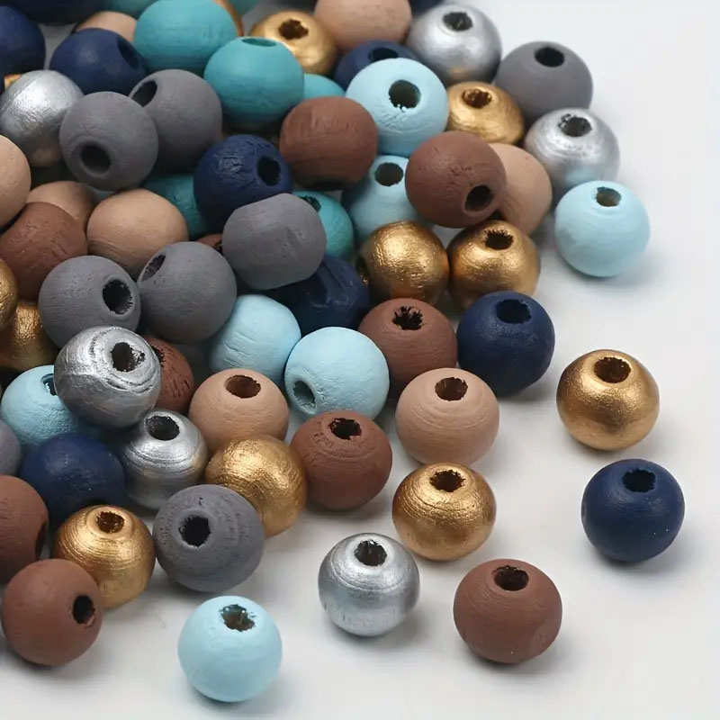 (100er Set) 8mm Holz Perlen DIY Bastel Schmuck Runde Zwischenperle für Armband / Kette - Blau / Braun / Silber
