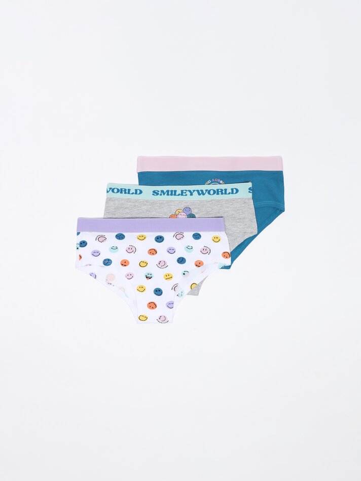 Pacote com 3 calcinhas estampadas com carinhas sorridentes - Cores variadas