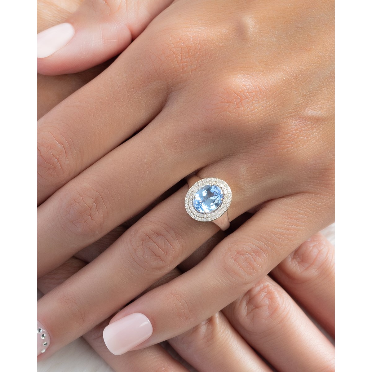 Bague Or Blanc 585 & Aigue-Marine | Sertie de Diamants - Aden