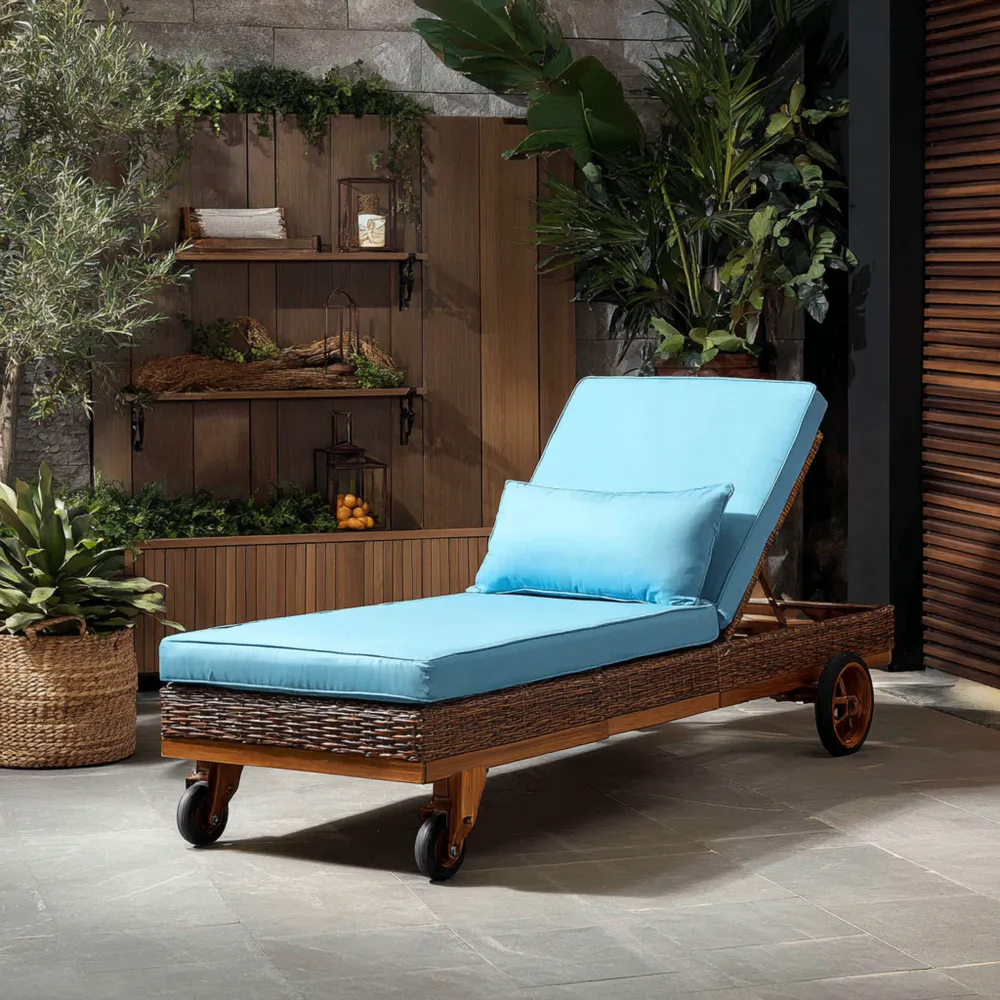 Gartenliege Polyrattan Holz Blau 200x70x35 cm - Verstellbar mit Kissen