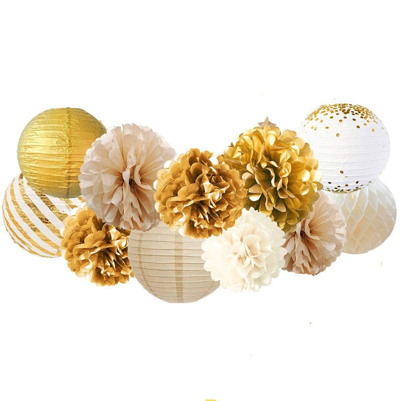 (11-tlg. Set) Papier Lampion Pompon's Deko Party / Geburtstag / Hochzeit - Gold