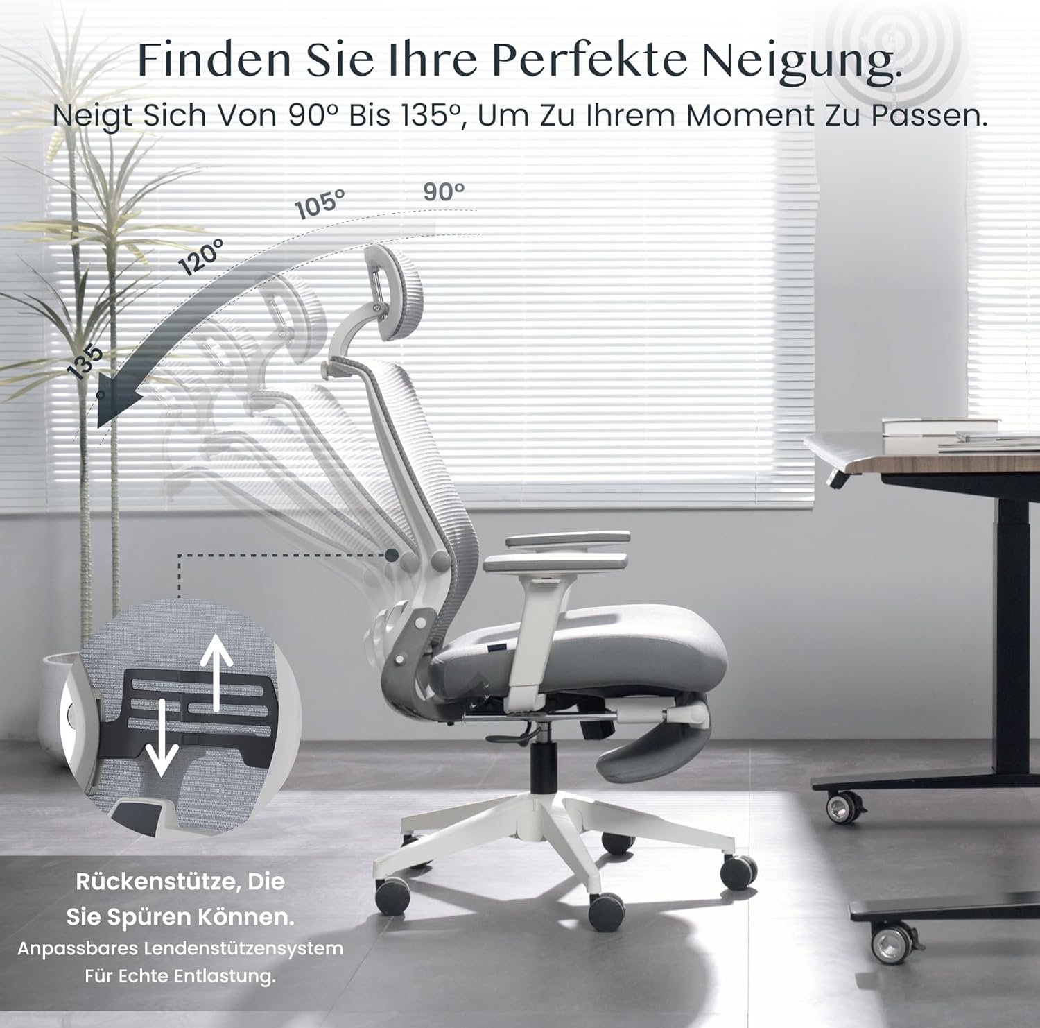 FLEXISPOT Ergonomischer Bürostuhl, Foldex, klappbarer Bürostuhl für Kleine Räume mit Lendenwirbelstütze, Höhenverstellbaren Armlehnen, 2D Kopfstütze, Schreibtischstühle mit Fußstütze Grau
