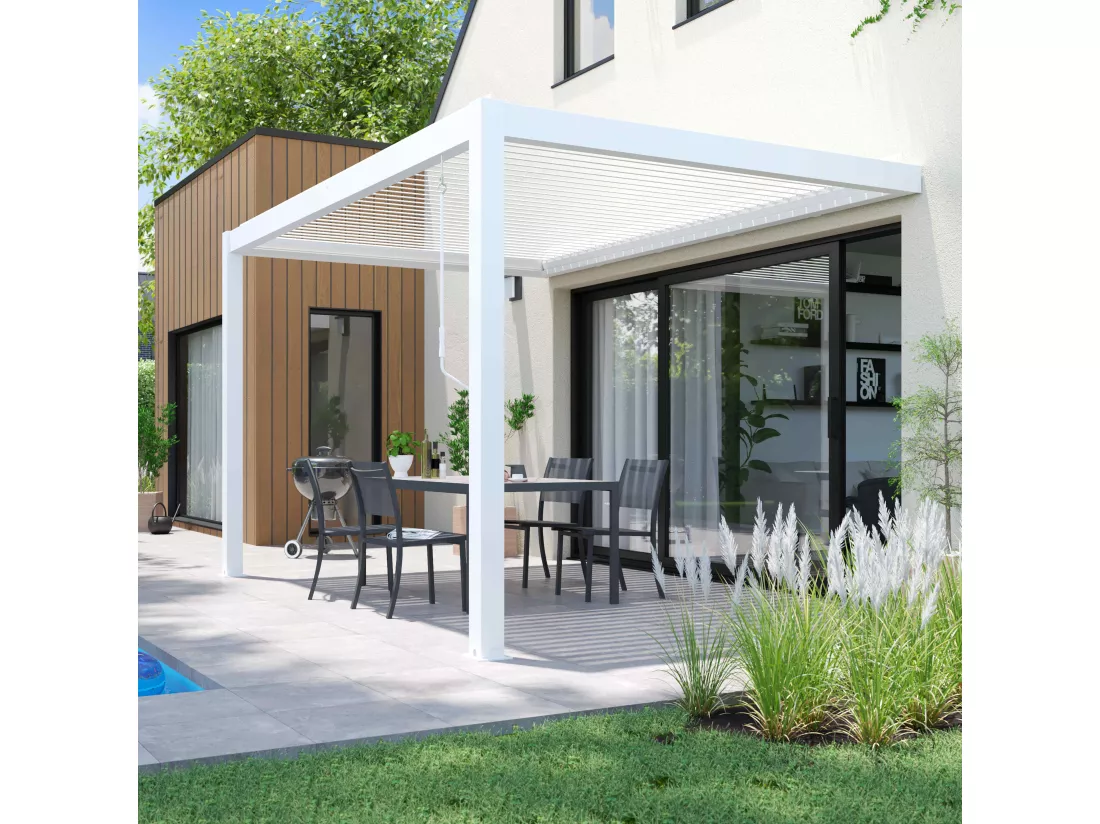 Pergola bioclimatique adossée blanche en aluminium 3x4 m