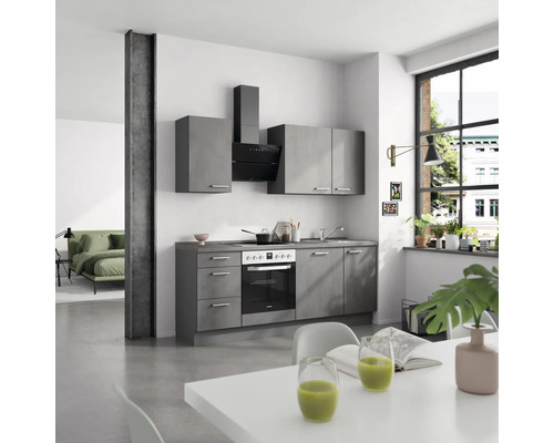 NOBILIA keukenblok met apparatuur, industriële stijl, 210 cm, beton leigrijs mat, voorgemonteerd, linker uitvoering, 4004539018679
