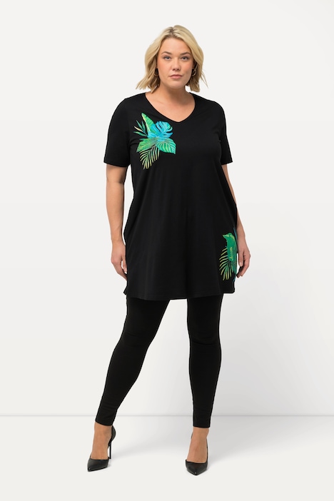 Longshirt, Blätter, A-Linie, V-Ausschnitt, Halbarm
