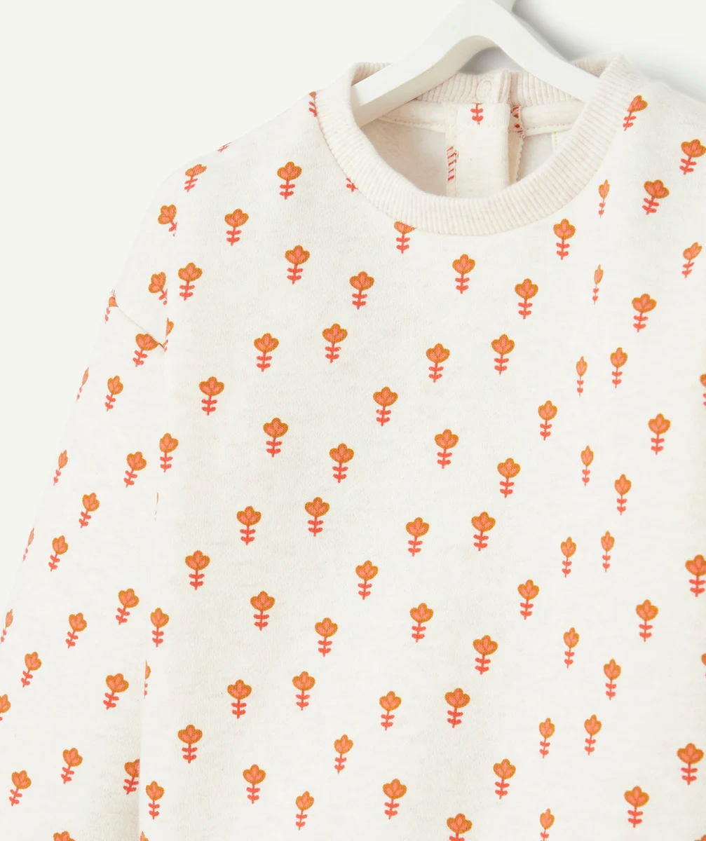 SWEAT BÉBÉ FILLE EN FIBRES RECYCLÉES ÉCRU CHINÉ IMPRIMÉ FLEURI ORANGE