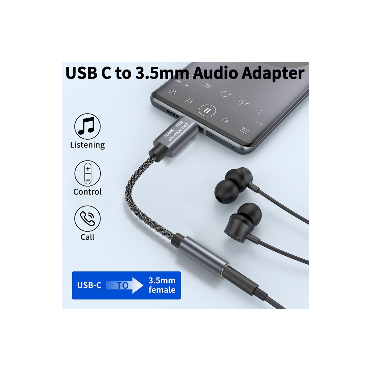 32bit / 384kHz USB-C til 3,5 mm lydadapterkabel DAC-adapter Grå