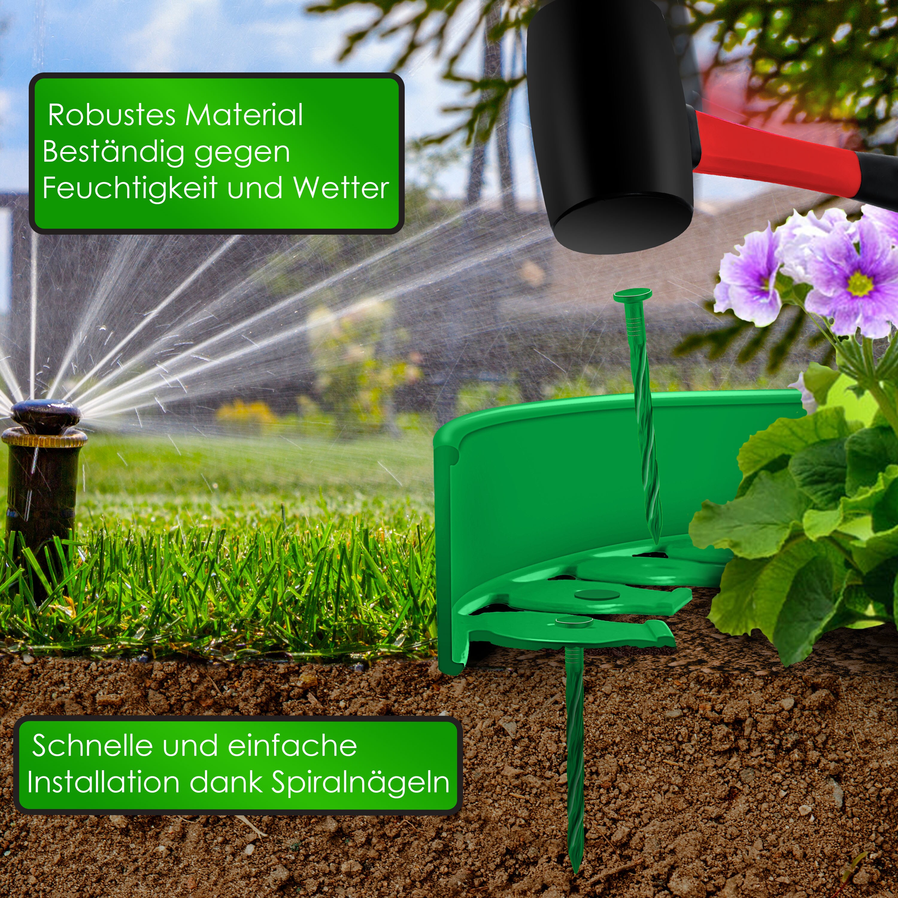 KESSER® Flexible Rasenkante aus Kunststoff Länge 10m Höhe 5cm, mit 50 Erdanker + Handschuhe, Beeteinfassung Beetumrandung Beetbegrenzung Mähkante Pflastersteine Palisade