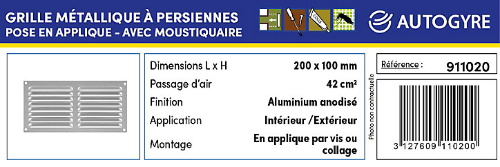 Grille d'aération alu Autogyre à persiennes avec moustiquaire brut 200 x 100 mm
