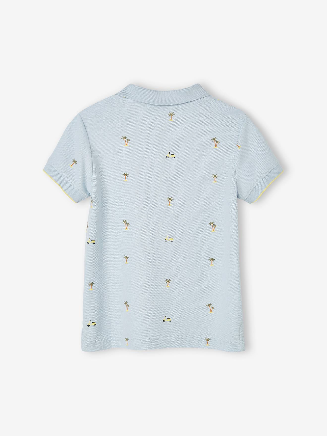 Camisa polo azul estampada em malha piqué para meninos