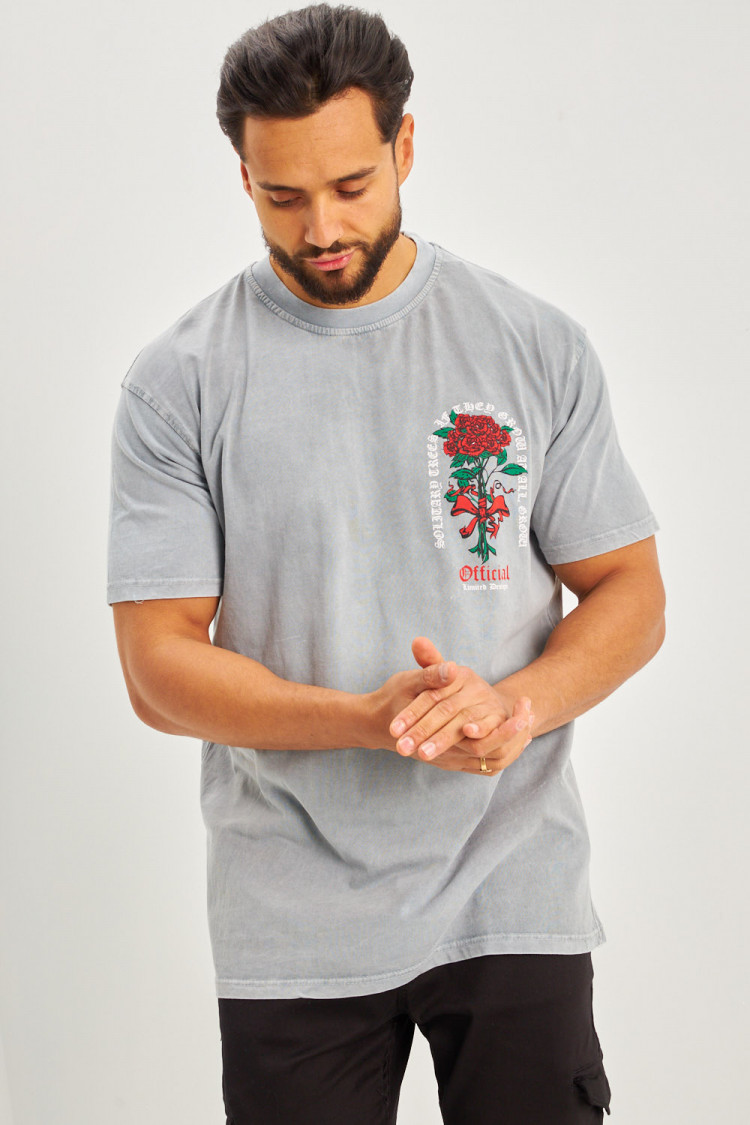 T-shirt gris bouquet de roses rouges