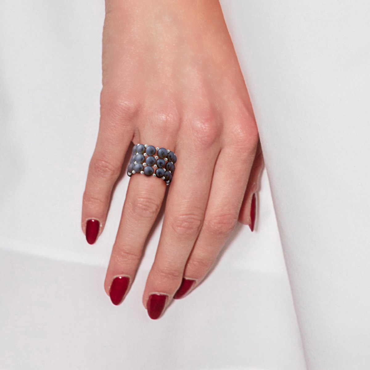 Bague Triple élastiquée Perles d'Eau Douce Noires 3-4 mm - Argent 925