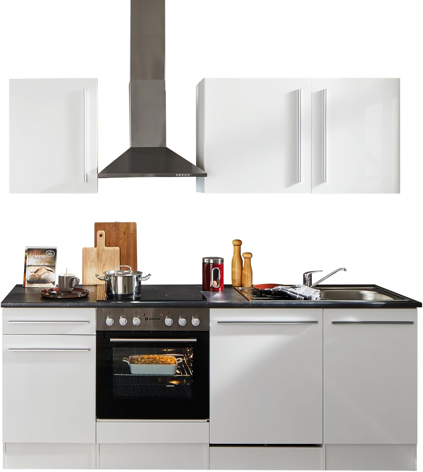 Stella Trading Jazz 8 Moderne Küchenzeile mit Elektrogeräten in Weiß Hochglanz, Metallic Grau - Geräumige Einbauküche mit viel Stauraum - 220 x 212 x 60 cm (B/H/T)