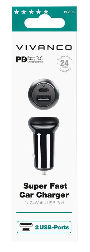 Vivanco - Biloplader 1xUSB-C PD / USB-A 2x24W