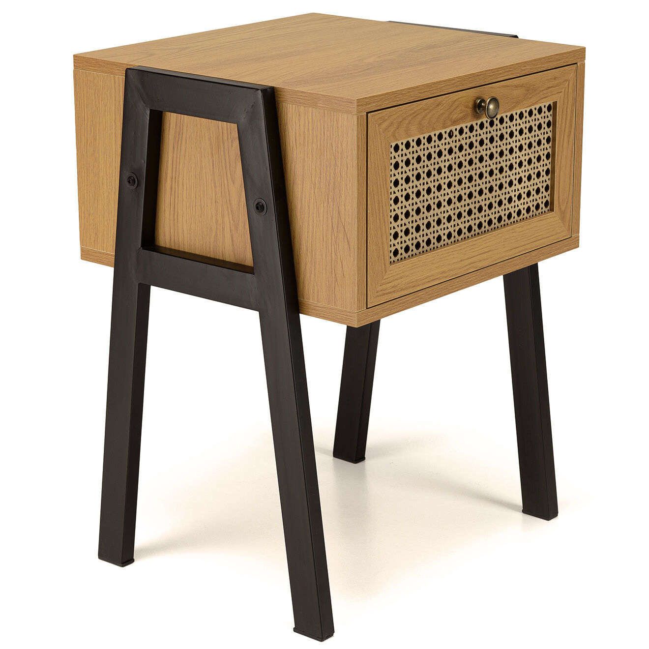 Macabane Chevet 1 tiroir rotin pieds inclinés marron - 44x40x57.5 cm